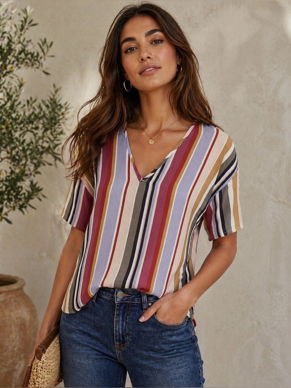 Allison Joy Multicolor Striped V-Neck Top